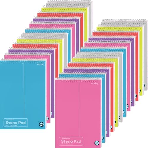 Enday 24 Pack Steno Pads Spiral 6 x 9 Gregg Ruled White Paper, 80 Sheets (160 Pages), Bulk Steno Notebooks for Writing Notes in Office, School, College, University, Colorful Covers
