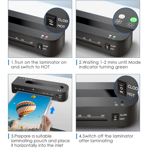 Laminators, Hot Laminators and Cold Laminators with A4/A5/A6 Plastic Film, Corner Rounders, Hole Punches and Ruler Cutters, ABS One-Touch Film Removal for Homes, Schools and Offices