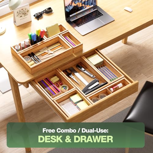 9-Pack Solid Wood Junk Drawer Organizer, Modular Desk Drawer Tray & Accessories with Non-Slip Pad, Multi-Use for Kitchen, Office, Bedroom Dresser, Utensil, Makeup, Stationery, Tea Bags & Coffee Pod