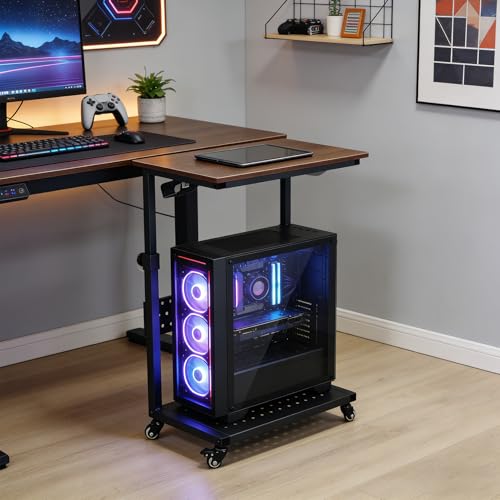 LALFPET Adjustable Height Rolling Computer Stand, 2-Tier Mobile CPU Tower & Printer Cart - Wood Top/Metal Frame - Wheels - Under Desk PC Holder, Brown