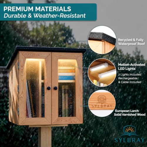 Sylbray Little Library Box Outdoor with LED Lights, Larch Wood, Waterproof