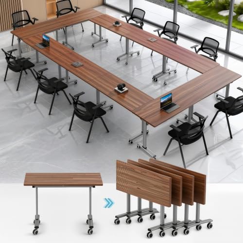 Velmorix Folding Conference Table with Wheels, Mobile Flip-Top Training Table, Modular Space-Saving Meeting Table for Office, Classroom, Seminar, Library (2, Walnut, 47IN)