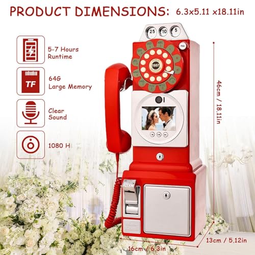 AUTUMFLATGAO Audio Guest Book & Video Guest Book, 1080p Wedding Phone Message Recorder with 64GB, Audio Guestbook Phone with Screen, Wedding Phone Guest Book for Party Reception Red