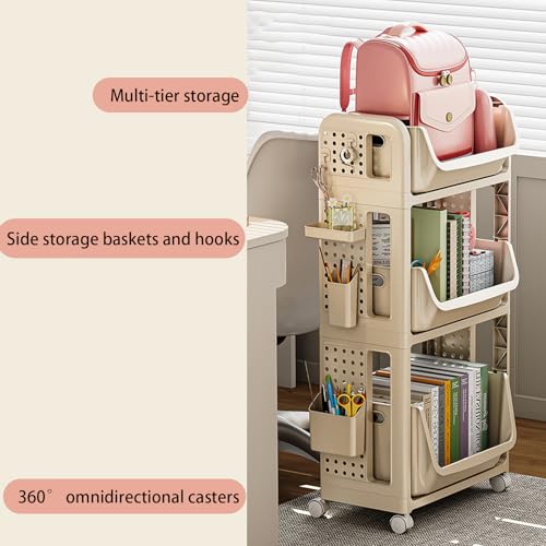 JS Ellie Movable Bookshelf, Trolley Shelf with Drawers and Wheels, Rolling Book cart, Suitable for Study, Office, Living Room, Bedroom, and Bathroom Gray 2-Tier