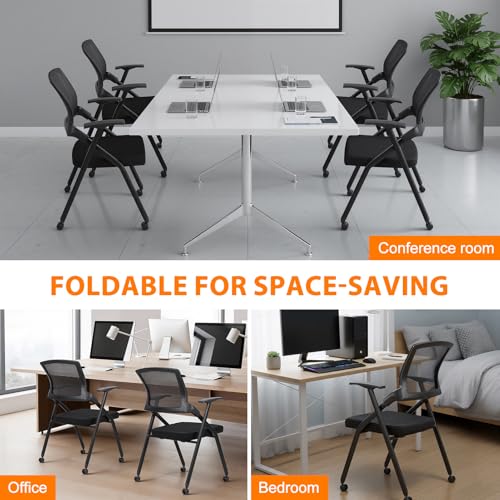 Office Chair, Foldable Conference Chair with Armrest and Ergonomic Mesh Back, Stackable Guest Chair with PU Wheels, Reception Meeting Chair for Office, Training Room and Waiting Area