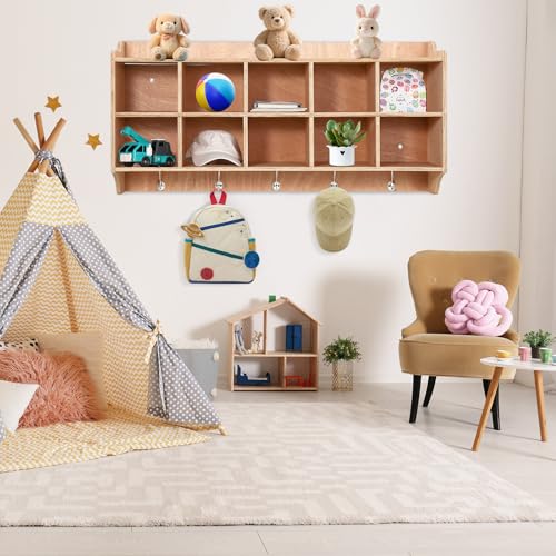 Naiveferry Hanging Wall Cubbies 10 Cubby Storage with Hooks, Wall Mounted Organizer for Daycare Classroom Entryway, Open Cubby Shelf for Toys Shoes Books, Natural