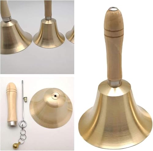 Hand Bell Extra Loud Solid Brass Call Bell， Rattle Bell with Wooden Handle School Bell Handheld Loud Call Bell for Table Hotel Counter Reception Restaurant Bar- 14cm