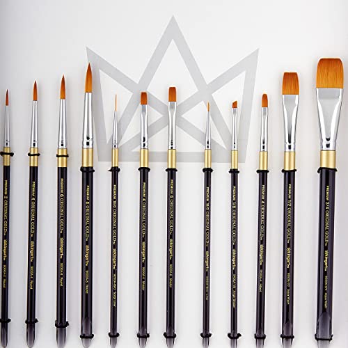 KINGART 1000D 12 PC. Premium Original Gold Series, Golden Taklon, Multimedia Artist Brush Set, Short Acrylic Aqua Handle, Set of 12 - Assorted Styles