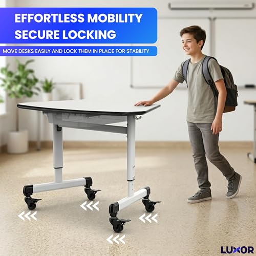 Luxor MBS-Desk Trapezoid Student Desk with Drawer, Height-Adjustable, Include Dual Backpack Hooks and a Removable MBS Bin