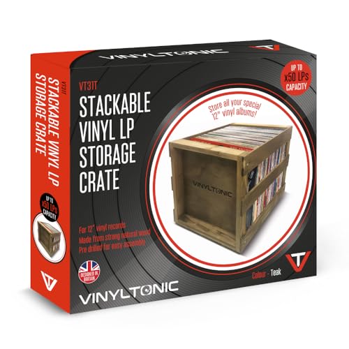 Vinyl Tonic VT31T | Stackable Vinyl LP Storage Crate for Organization (Teak)