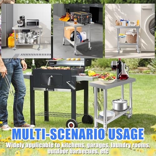Srehloe Stainless Steel Work Table with 4 Wheels 30 x 12 x 34 Inch Adjustable Metal Commercial Prep Workstation 2-Tier Heavy Duty Mobile Work Station Suitable for Kitchen Restaurant Hotel Garage