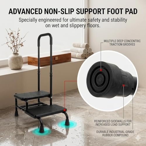 5-Level Adjustable Step Stool with EVA Non-Slip Handle, Heavy Carbon Steel Frame 2 Step Bedside Stool, Blow Molded HDPE Platform with Rubber Grips, Supports 300 LBS for Elderly Adults High Bed Bathroo