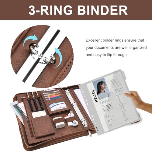 Leathario Portfolio Binder, Includes 5 Folder Index Dividers, 13 Inch Tablets Organizer with Handle, Vegan Leather A4 Padfolio, Multi-Pocket Notepad Business Planner Professional Document