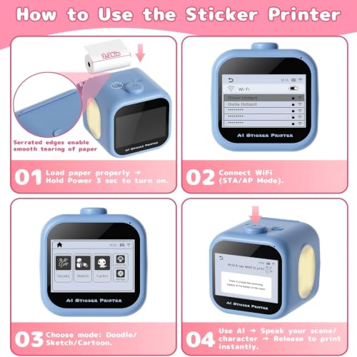AI Touchscreen Sticker Printer Mini Inkless Thermal Printer Voice Control Instant Print WiFi Connect DIY Journal Notes for Teens Students Portable Educational Creative Christmas Birthday Gifts.