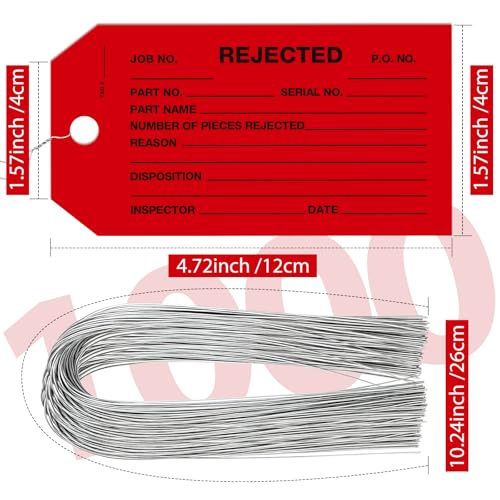 1000 Pack Rejected Tags with Wire - Red Defective Product Inspection Tags, Cardstock 4-3/4" x 2-3/8" for Manufacturing Quality Checks