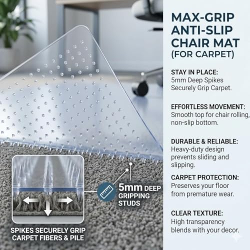 Office Chair Mat for Carpet, 45" x 53" Heavy Duty Clear PVC Large Floor Protector with Studded Backing, Non-Slip Plastic Mat for Office Chair, Desk & Rolling Computer Gaming Chair on Low Pile Carpet