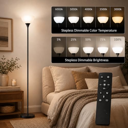 PESRAE Floor Lamp, Remote Control, Stepless Brightness & Color Temperature