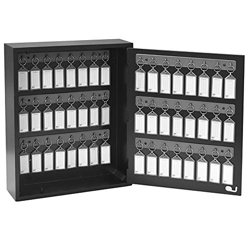 Acrimet 48-Key Cabinet with Lock, Wall Mount Wooden Key Organizer, Security Key Storage Box (48 Positions) with Numbered Hooks & Clear Gray Key Tags – Commercial & Home Use (Black)