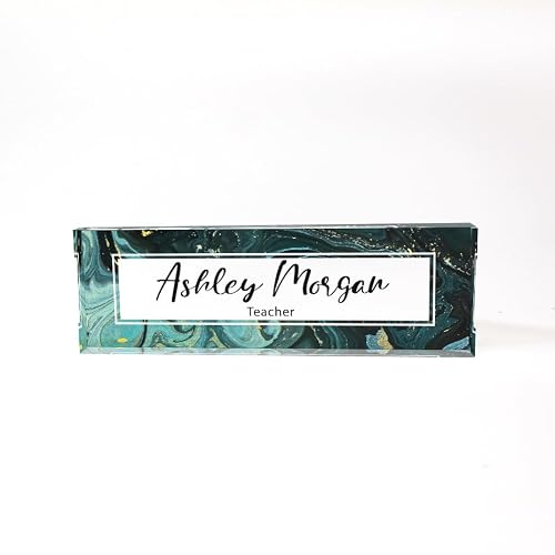 ARTSWAVE - Clear Acrylic Green Marble Design Block Nameplate for Teacher, Boss, Principal, Nurse, Office Decor, Door or Wall Display - 8"x2.5"
