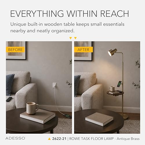 Adesso Floor Lamp with Table, Antique Brass & Wood, Wireless Charging, 56”