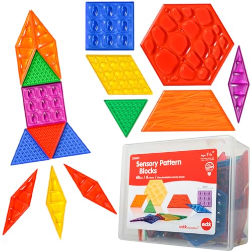 edxeducation Translucent Sensory Pattern Blocks | Set of 60 | Large, Plastic Shapes | Learn Standard Shapes | Sensory Manipulative for Kids