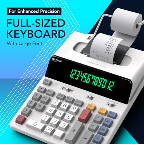 CATIGA 12 Digit Thermal Printing Calculator with Tape Print Out, Ink-Free Adding Machine, 5X Faster Quite at 8.0 LPS, Extra Large Fluorescent Display, Tax Calculation with Clock and Calendar, SP-2401