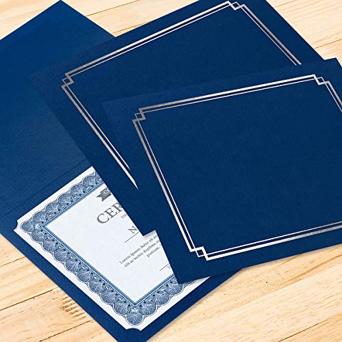 Classic Blue & Silver Certificate Folders - Pack of 25, Linen Cover 80 lb. Stock, Folded, Die-Cut Corners, for Office, Business Awards, Graduation, School Diploma Holder, 9-1/2 x 12 inches