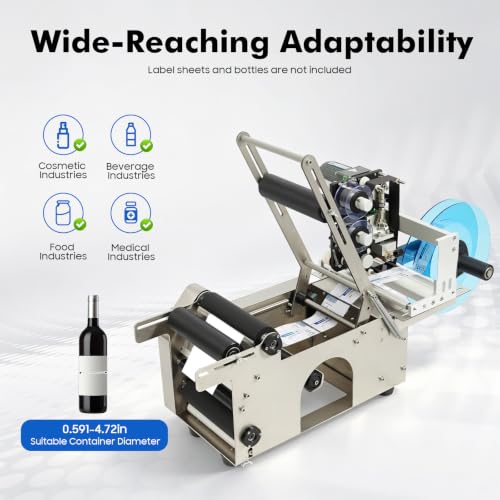 RTUSUML Semi-Automatic Round Bottle Bottle Labeling Machine with Integrated Coding, 20-40pcs/min, Stainless Steel Label Applicator for 0.59-4.72in Diameter Bottles (110V with Pressing Bar)