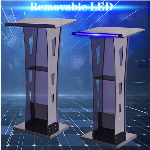 Acrylic Podium Stand with Led Light, Clear Podium with Storage Shelf, Portable Lecterns Pulpit for Church Wedding Classroom Conference Floor Standing Style, Slanted Top