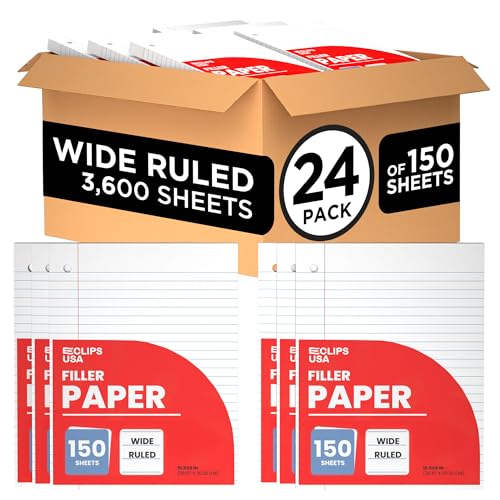 Wide Ruled Loose Leaf Paper Wide Ruled Notebook Paper Lined Writing Filler Paper 10.5” x 8” 56 gsm 3600 Sheets 150 Sheet Per Pack (24 Pack)