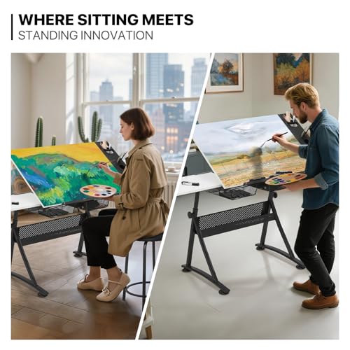 MoNiBloom Art Deco Drafting Table, Height-Adjustable, Tiltable Tabletop, Stool for Reading Writing Painting, Homeschooling Desk for Children with 2 Storage Drawers