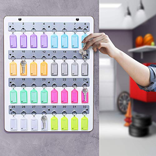 Acrimet Wall-Mounted Key Holder Rack – White Wood Board Key Stand Organizer with 32 Numbered Hooks – Includes 32 Plastic Key Tags with Metal Rings & Labels