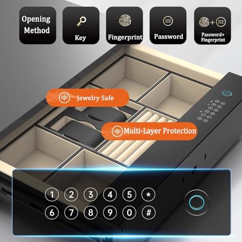 saditesdk Jewelry Safe with Auto-Eject Drawers, Biometric Fingerprint Valuables Storage Case for Living Room, Cloakroom, Nightstand-464mm，480mm