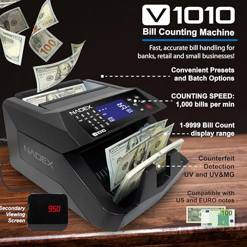 Nadex V1010 Bill Counter, Batching, Value Counting, Counterfeit Detection, 1000 Notes/Minute