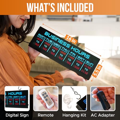 Digital Business Hours Sign by ELEMENT LUX - Electronic Programmable Hours of Operation Signs for Business with Ultra Bright LEDs for Glass Door - Remote and Hanging Kit - 16in x 5.5in, Blue