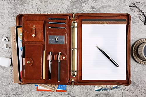DUKE&COW Leather Portfolio with 3 Ring Binder, Personalized Leather Binder Padfolio Executive Folio Zippered, Engraved Leather Folder Portfolio Organizer, Custom Gift for Men Women （Brown, Custom）