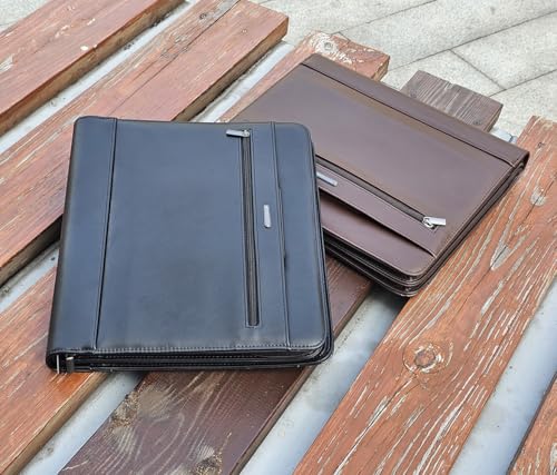 14" Laptop Briefcase, Vegan Leather Portfolio with Zipper Compartments x 2, A4 Papers Holder Padfolio Organizer, Black