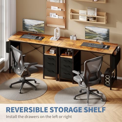 DUMOS 39 Inch Small Computer Desk with Storage, Fabric Drawers,Brown