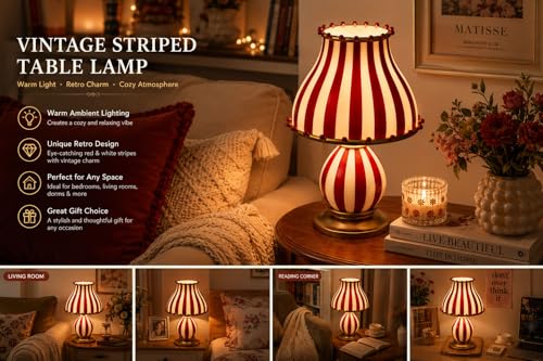 ONEBAO Vintage Circus Table Lamp, Retro Red White Striped Glass Bedside Lamp, Mid Century Modern Decorative Desk Light, Artistic Ambient Lighting for Bedroom Living Room Coffee Bar Home Decor