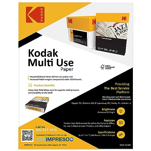 Kodak Printer Paper 8.5 x 11 | 20 lb Copy Paper 92 Bright | 3 Reams | 1,500 Sheets