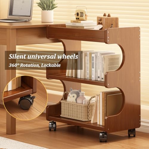 Dexinhdh Bamboo Rolling Book Cart, 3 Tier Mobile Bookshelf with Wheels, Rear Anti-Drop Back Panel, Multi-Functional Miscellaneous Item Storage Cabinet for Study Office Home