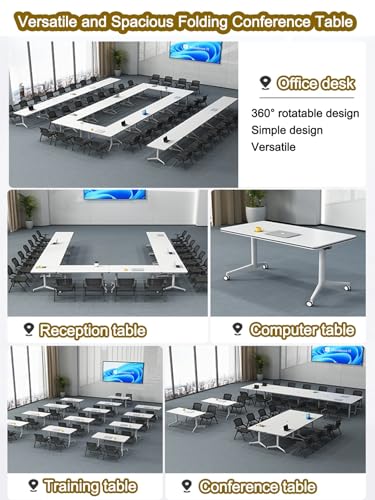Folding Conference Table, Rectangular Conference Room Table Flip Top Mobile Training Table, with Four Locking Wheels, Rolling Meeting Table, for Office, Conference Rooms, Training Rooms(B,55x16x30in)