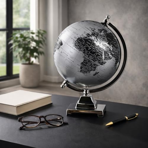 Modern Metal Globe for Home Decor - Desktop Globe Ornament for Office or Living Room Decor - Transitional Metal Design with Detailed Map for Shelf or Coffee Table Display - 12", Black & Silver