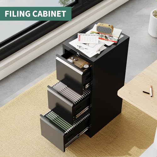 FinerFurnis 3-Drawer Metal Filing Cabinet with Lock, Vertical Heavy Duty Steel File Organizer for Home Office, Secure Storage for Letter, Legal, A4, F4 Documents – Professional Office Furniture, Black