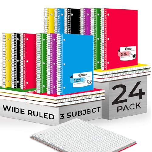 Rosmonde 24 Pack 3 Subject Spiral Notebook Wide Ruled Bulk, 150 Sheets