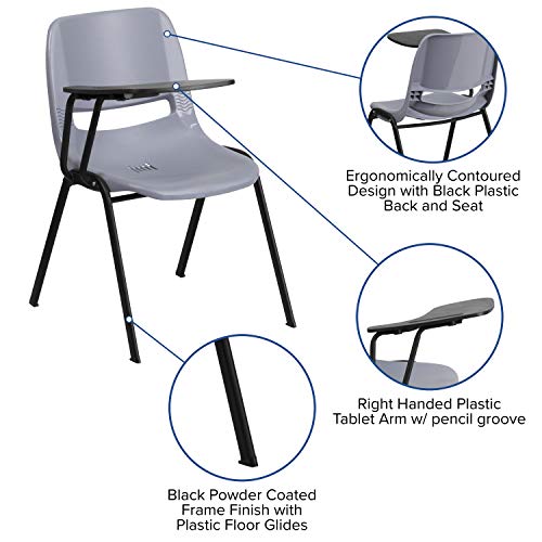 Classroom Essentials 2 Pack Gray Ergonomic Shell Chair with Right Handed Flip-Up Tablet Arm