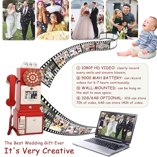 AUTUMFLATGAO Wedding Party Audio Guest Book Wedding Phone, 1080p HD Leave a Video Message Phone, Retro Telephone Booth Model, Audio Guestbook Phone, Preserve Your Special Occasions,Black-64GB