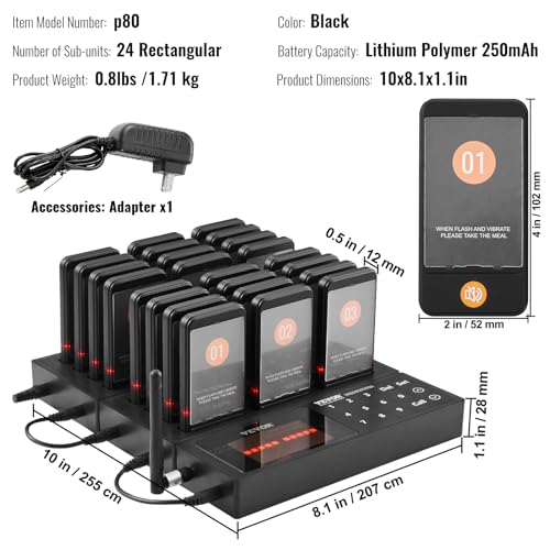VEVOR Restaurant Pager System,Touch Screen Keyboad Wireless Long Range Lineup Waiting Queue Signal, Guest Customer Calling Beepers with Vibration & Flashing, 24 Buzzers