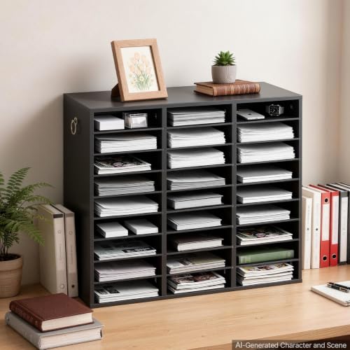 VEVOR Wood Literature Organizer 27 Compartments Office Mailboxes Black | Countertop Literature Sorter for Files Documents Papers, with Adjustable Shelves, for Office, Home, Classroom Organization