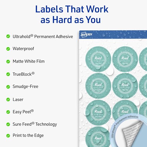 Avery Outdoor Waterproof Round Labels with Sure Feed Technology, 1.75" Diameter, White Film, Print-to-the-Edge, Compatible with Laser Printers, 2000 Labels Total